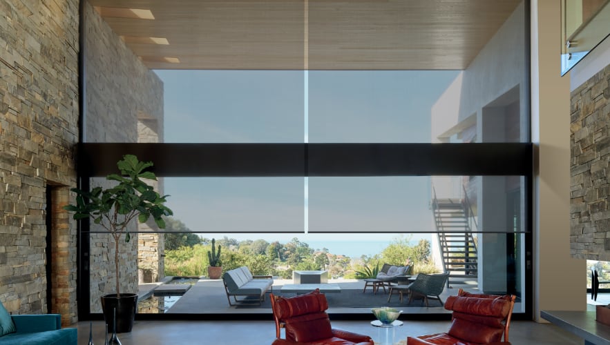 Motorized shades in a living room